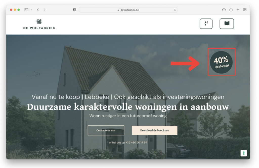 Website van De Wolfabriek met promotie voor woningen in aanbouw, 40% verkocht.